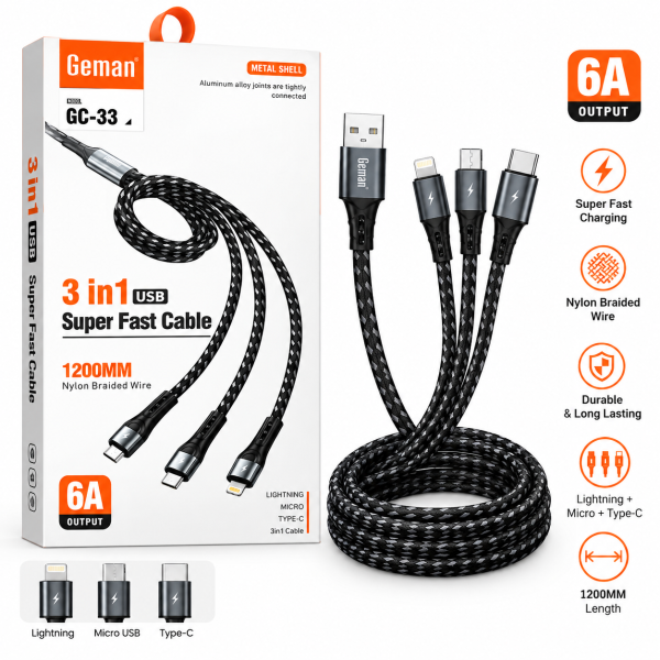 Geman 3-in-1 Super Fast Charging Cable (1.2m) – 6A Nylon Braided Multi-USB Cord (Lightning, Type-C, Micro)