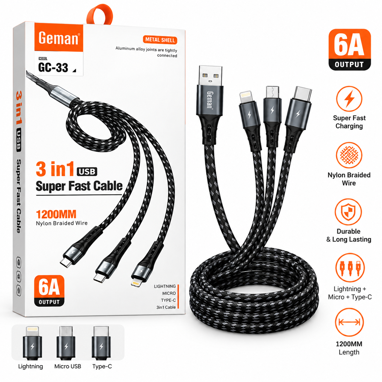 6176557b-11ae-49c3-a220-961e62eed01e Geman 3-in-1 Super Fast Charging Cable (1.2m) – 6A Nylon Braided Multi-USB Cord (Lightning, Type-C, Micro) - Image 1